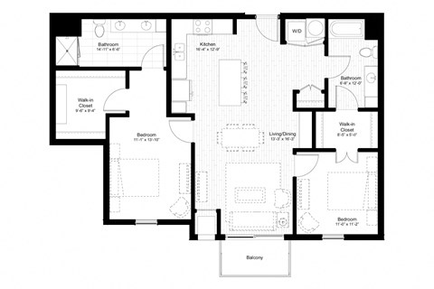 Floor plan for 2 beds, 2 baths, 1217 sqft